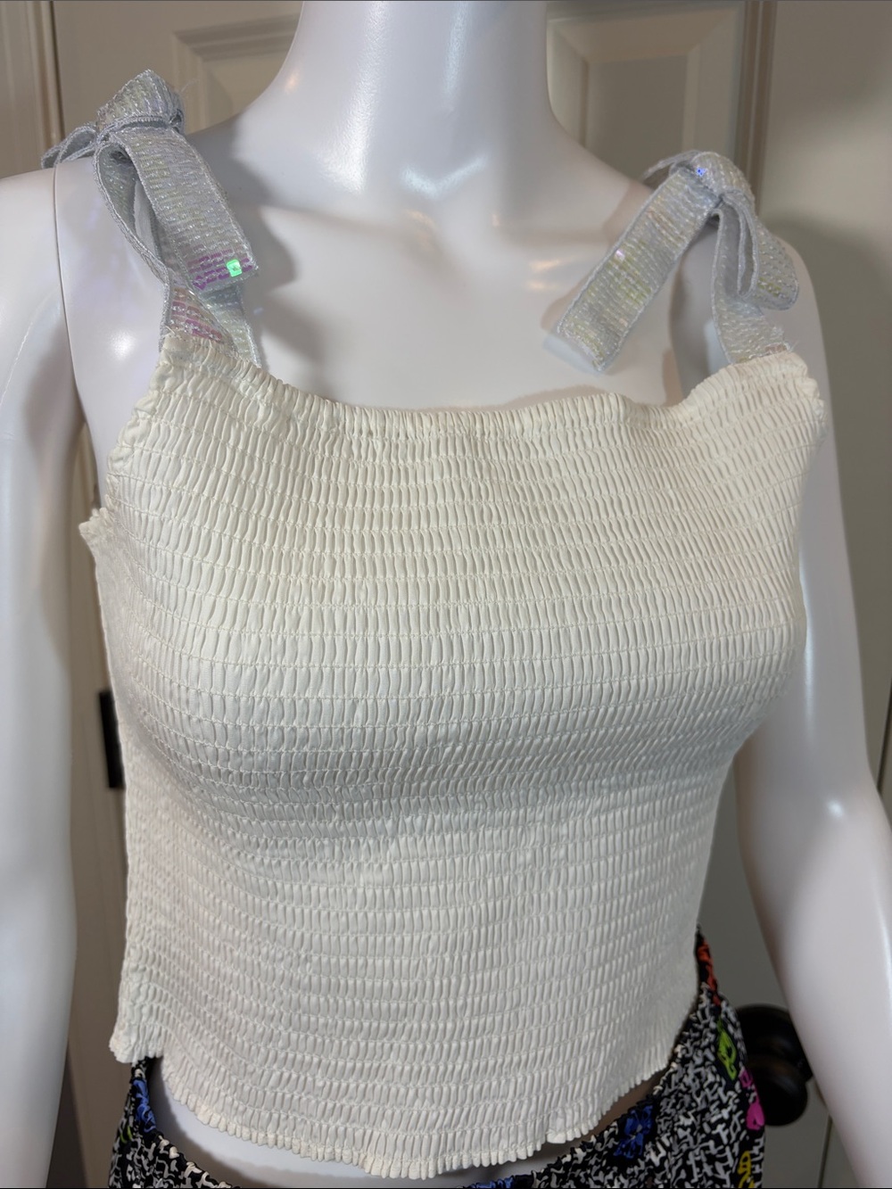 QUEEN OF SPARKLES Cream Smocked Tank with Shimmer Tie Straps